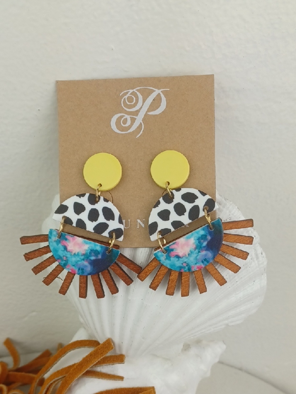 Steam Punk Gone Whimsicle  Colorful Painted Wood & Acrylic Post Dangl Earrings